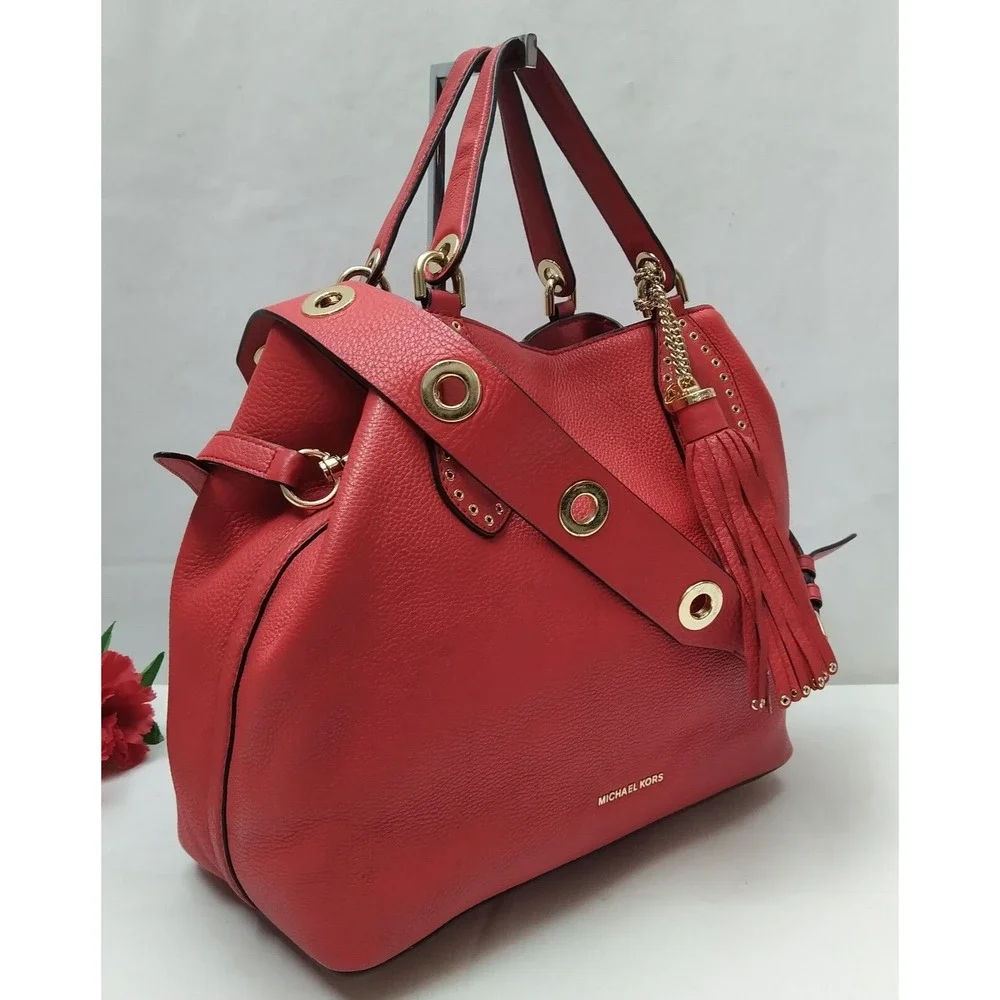 Michael Kors Brooklyn Red Leather Tassel Double Handle Satchel Shoulder Bag